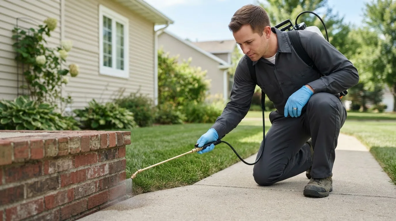 Pest control technician treating a home near Browerville, MN